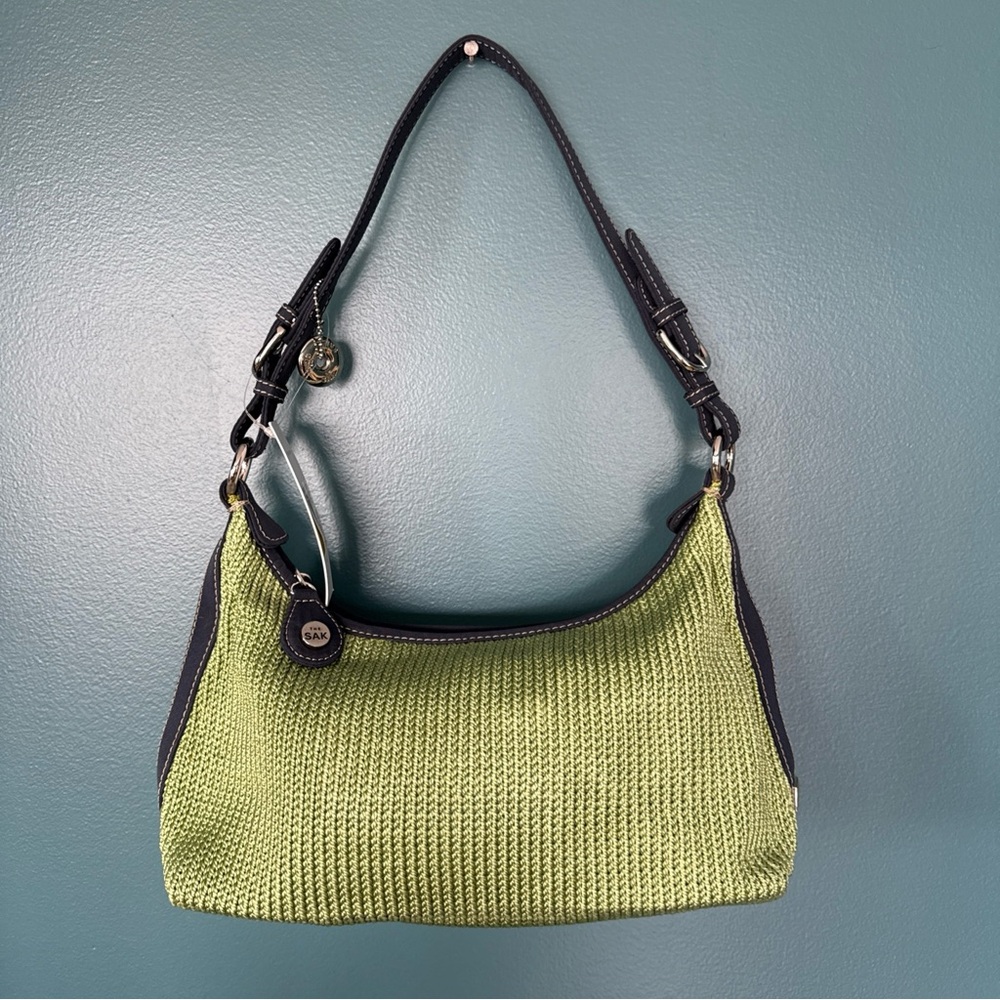 THE SAK Medium Size Crochet Green & Navy Knit Shoulder Purse Bag Brand New W Tag